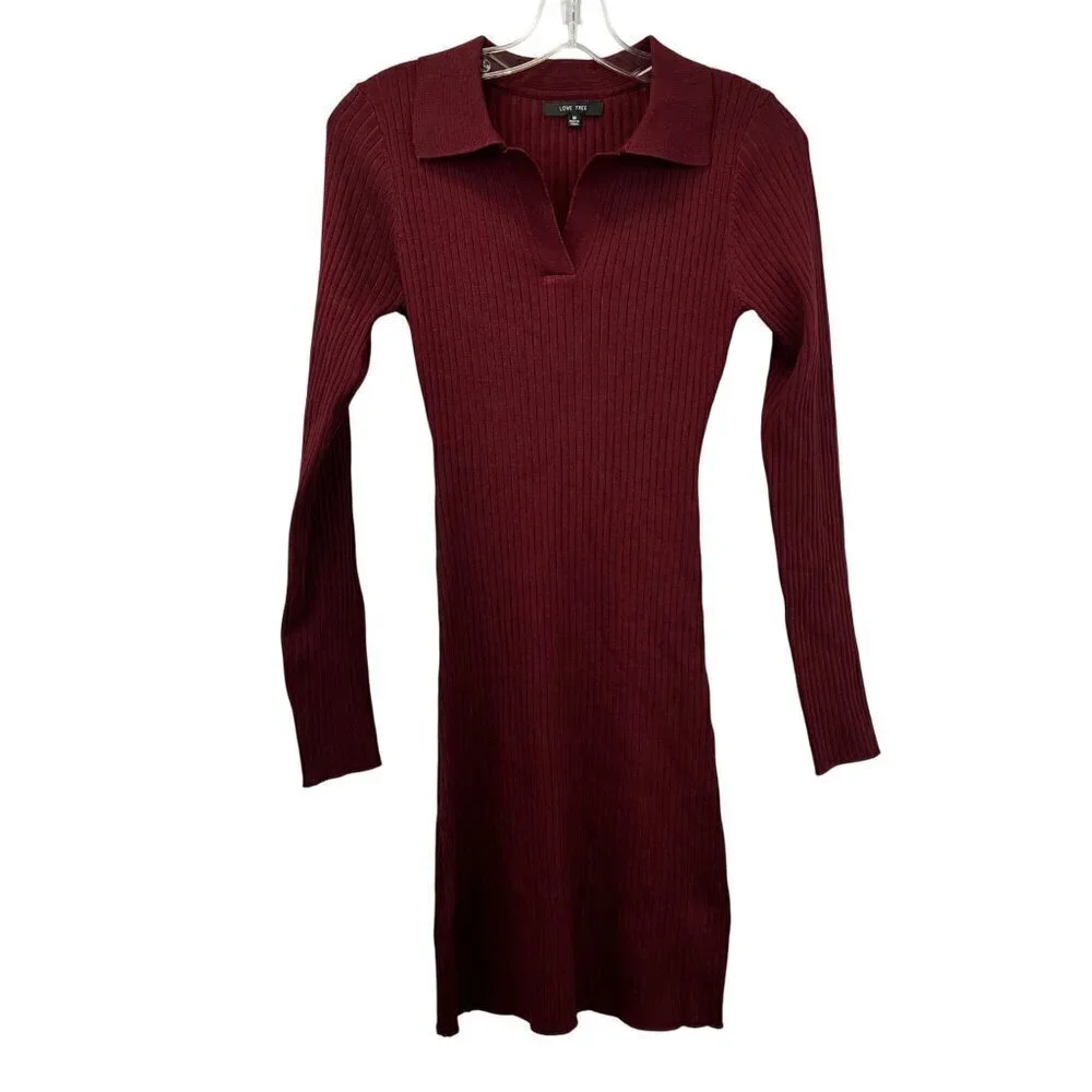 Love Tree Bodycon Sweater Dress Long Sleeve Burgundy Ribbed Size Medium